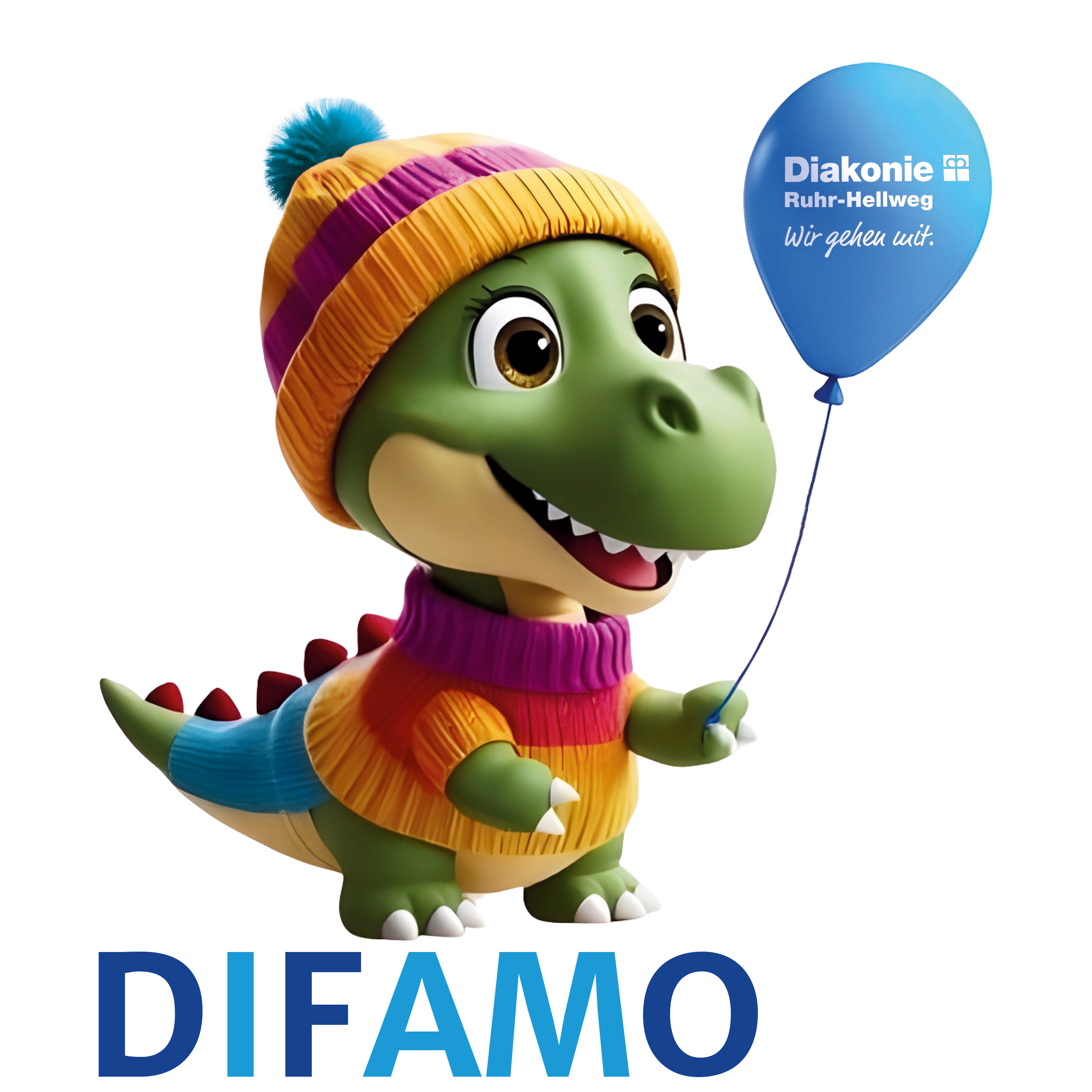 Logo DIFAMO bunter und freundlicher Dinosaurier mit Luftballon